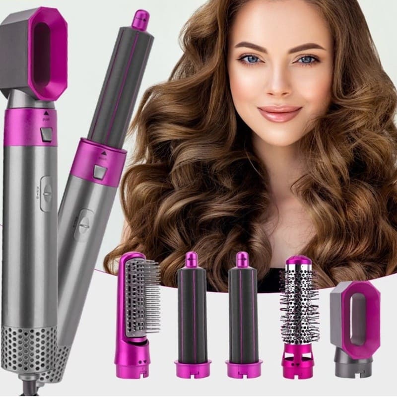 Escova profissional e secador de cabelo com ar quente 5 em 1 com 110V. Tem pente modelador. Aumenta o volume.   Marca: Janoclick.