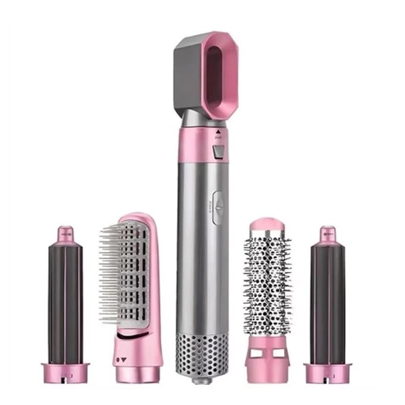 Escova profissional e secador de cabelo com ar quente 5 em 1 com 110V. Tem pente modelador. Aumenta o volume.   Marca: Janoclick.